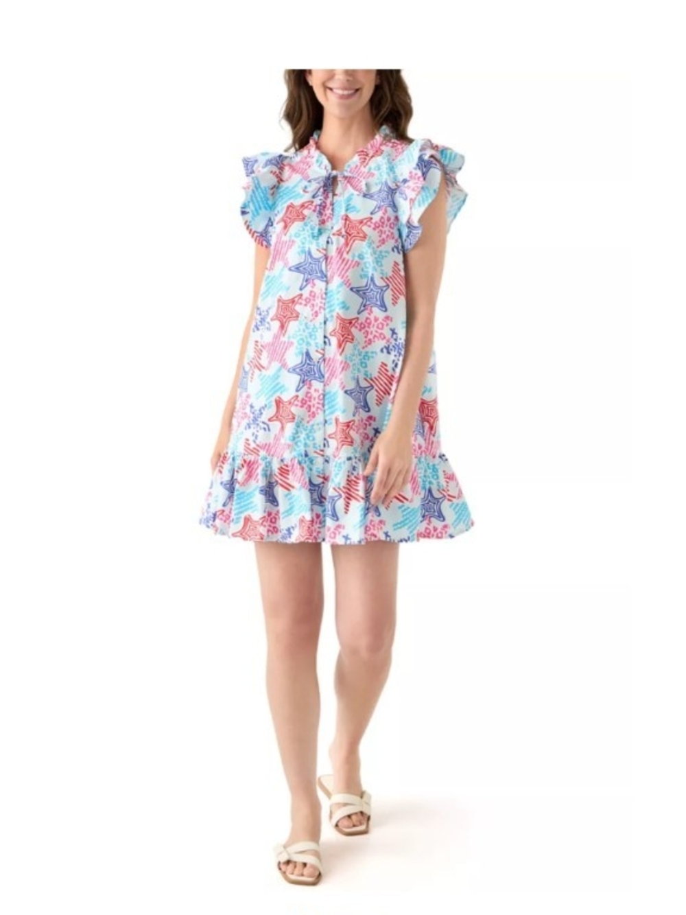 Star-Print Ruffle Sleeve Mini Dress in Red, Blue & White